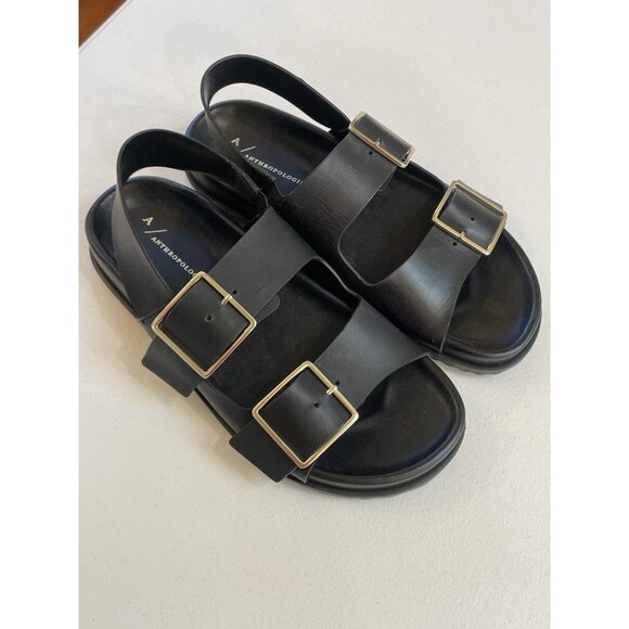 Anthropologie Square Buckle Sling back Sandals Size 7 Black Summer Casual Preppy - Picture 1 of 7